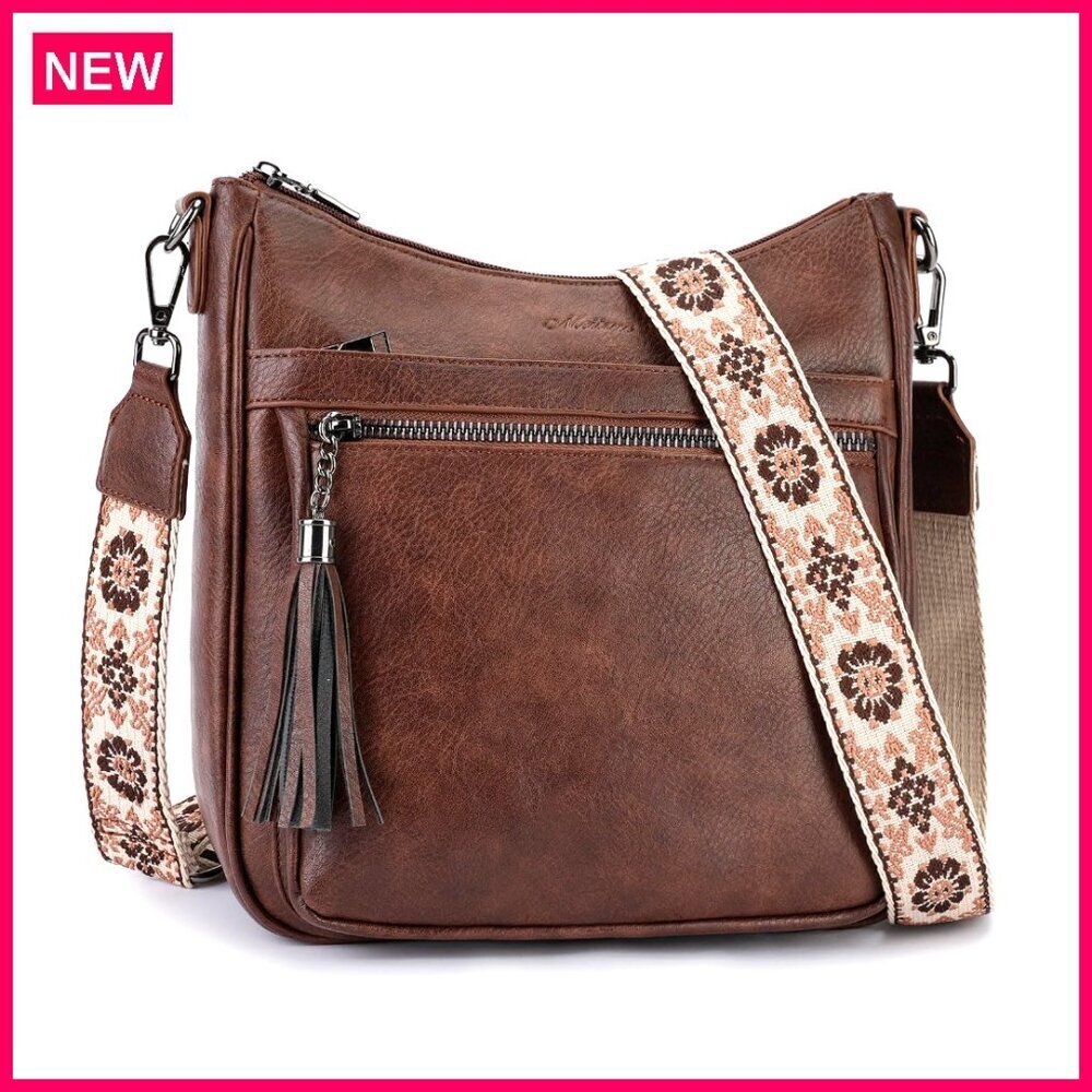 Medium Vegan Leather Crossbody Bag with Tassel, Adjustable Strap, Multi-Pocket